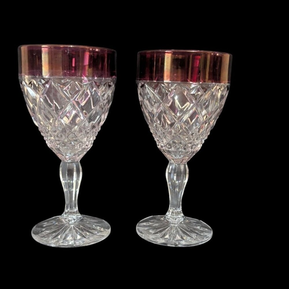 Christopher Stuart Water Goblet Regency Ruby‎ Red Trim Crystal Glass Set of 2